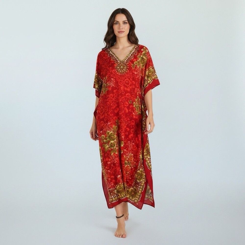 Miss Lavish Red Floral Kaftan Maxi Dress Boho Resort Muumuu Pockets US 14-18